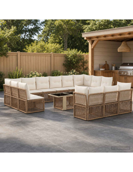 Set Divano da Giardino 14 pz Beige polyrattan