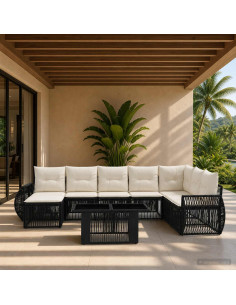Set Divano da Giardino 9 pz Nero e Bianco Crema polyrattan