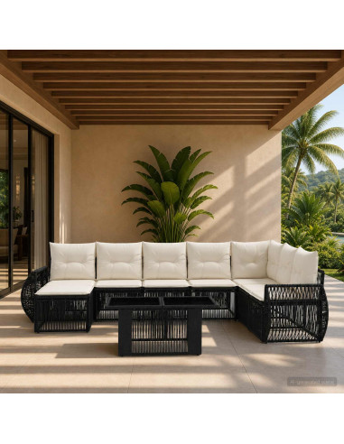 Set Divano da Giardino 9 pz Nero e Bianco Crema polyrattan