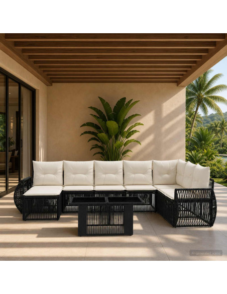 Set Divano da Giardino 9 pz Nero e Bianco Crema polyrattan