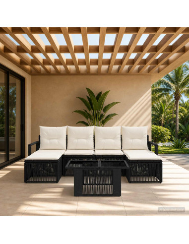 Set Divano da Giardino 7 pz Nero e Bianco Crema polyrattan