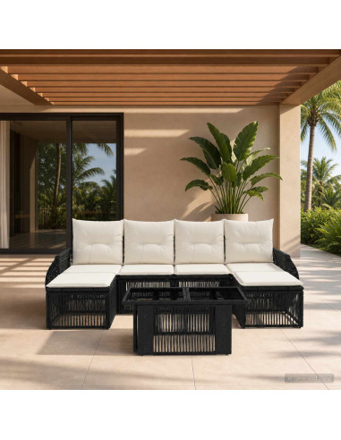 Set Divano da Giardino 7 pz Nero e Bianco Crema polyrattan