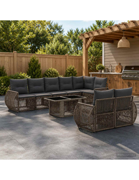 Set Divano da Giardino 9 pz Grigio e Grigio Scuro polyrattan