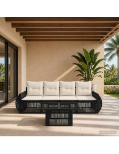 Set Divano da Giardino 5 pz Nero e Bianco Crema polyrattan