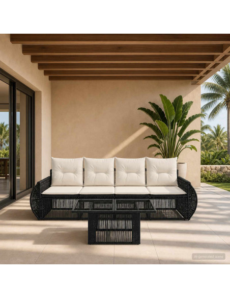 Set Divano da Giardino 5 pz Nero e Bianco Crema polyrattan