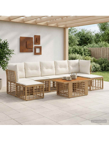 Set Divano da Giardino 8 pz Naturale e Bianco Crema polyrattan