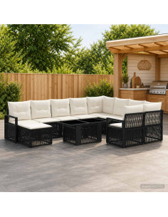 Set Divano da Giardino 11 pz Nero e Bianco Crema polyrattan