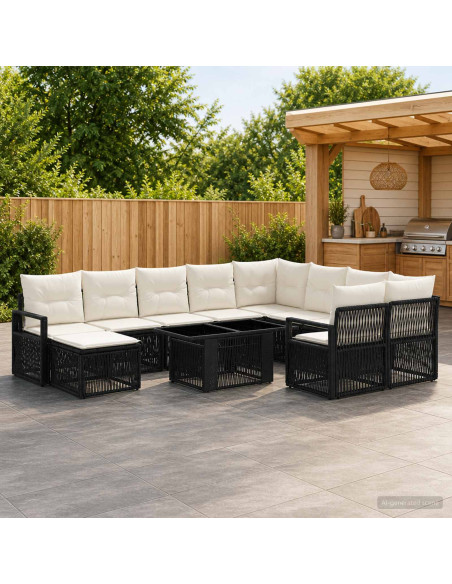 Set Divano da Giardino 11 pz Nero e Bianco Crema polyrattan