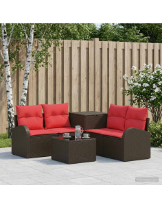 Set di divani 6 pz Marrone e Rosso Rattan sintetico e Acciaio