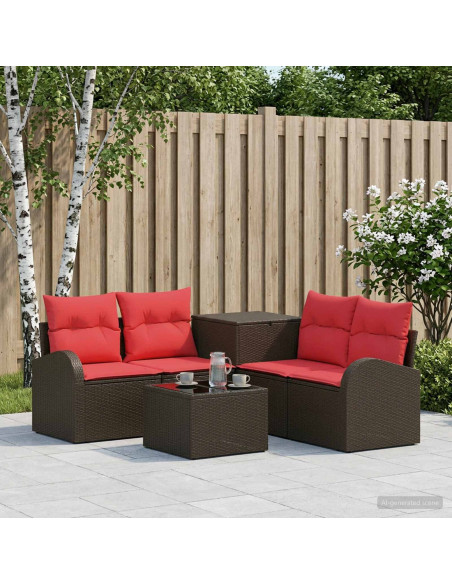 Set di divani 6 pz Marrone e Rosso Rattan sintetico e Acciaio
