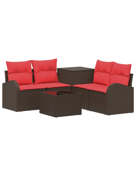 Set di divani 6 pz Marrone e Rosso Rattan sintetico e Acciaio