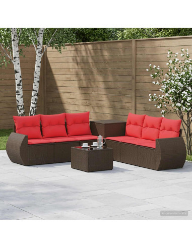 Set di divani 8 pz Marrone e Rosso Rattan sintetico e Acciaio