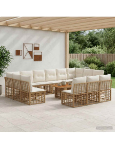 Set Divano da Giardino 14 pz Naturale e Bianco Crema polyrattan