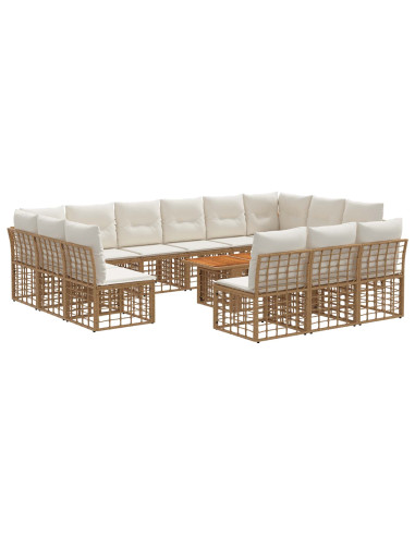 Set Divano da Giardino 14 pz Naturale e Bianco Crema polyrattan