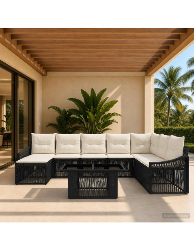 Set Divano da Giardino 9 pz Nero e Bianco Crema polyrattan