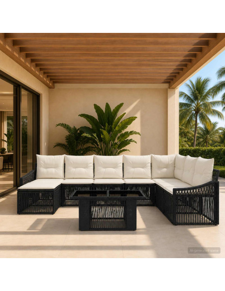 Set Divano da Giardino 9 pz Nero e Bianco Crema polyrattan