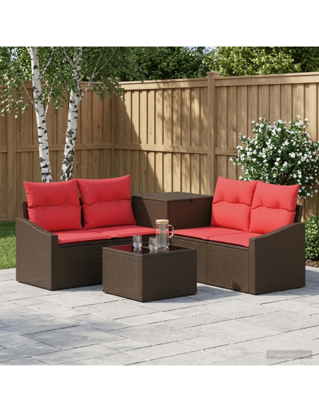 Set di divani 6 pz Marrone e Rosso Rattan sintetico e Acciaio