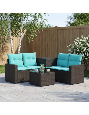 Set di divani 6 pz Nero e Blu Rattan sintetico e Acciaio