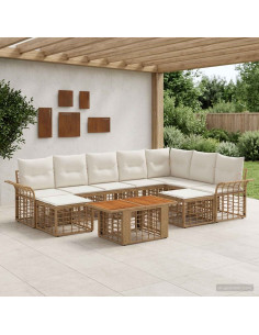 Set Divano da Giardino 10 pz Naturale e Bianco Crema polyrattan