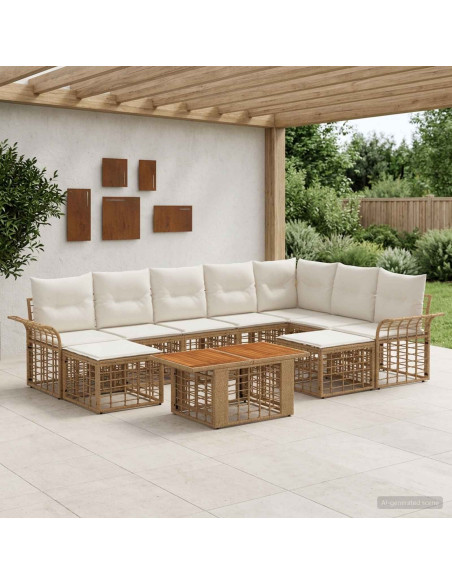 Set Divano da Giardino 10 pz Naturale e Bianco Crema polyrattan