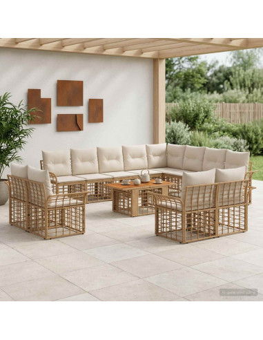 Set Divano da Giardino 13 pz Naturale e Bianco Crema polyrattan