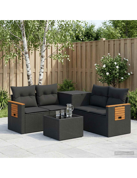 Set di divani 6 pz Nero Rattan sintetico e Acciaio
