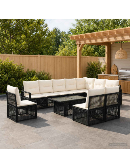 Set Divano da Giardino 11 pz Nero e Bianco Crema polyrattan