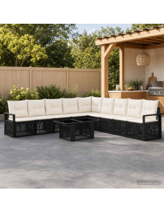 Set Divano da Giardino 10 pz Nero e Bianco Crema polyrattan