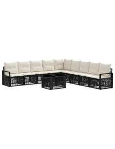 Set Divano da Giardino 10 pz Nero e Bianco Crema polyrattan 2