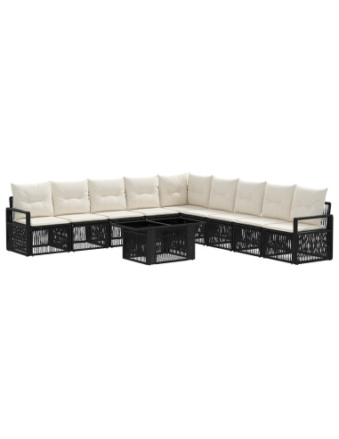 Set Divano da Giardino 10 pz Nero e Bianco Crema polyrattan
