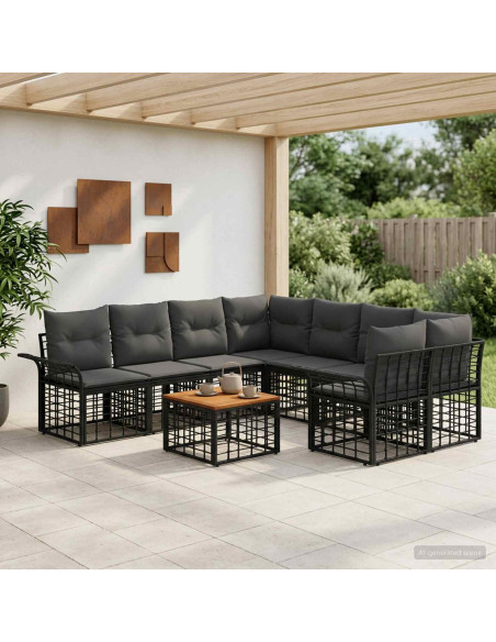 Set di divani da esterno 9 pz Nero e Grigio scuro polyrattan