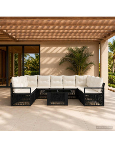 Set Divano da Giardino 10 pz Nero e Bianco Crema polyrattan