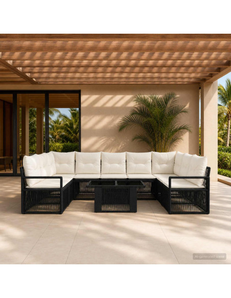 Set Divano da Giardino 10 pz Nero e Bianco Crema polyrattan