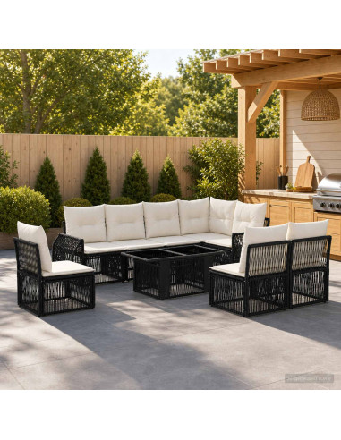 Set Divano da Giardino 9 pz Nero e Bianco Crema polyrattan