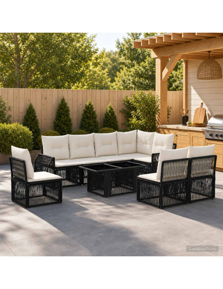 Set Divano da Giardino 9 pz Nero e Bianco Crema polyrattan