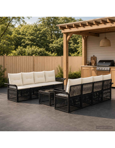 Set Divano da Giardino 9 pz Nero polyrattan
