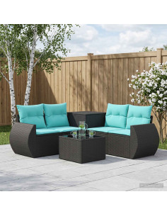 Set di divani 6 pz Nero e Blu Rattan sintetico e Acciaio