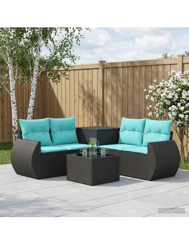 Set di divani 6 pz Nero e Blu Rattan sintetico e Acciaio