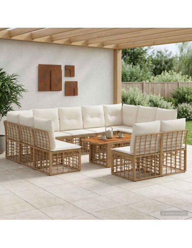 Set Divano da Giardino 12 pz Naturale e Bianco Crema polyrattan