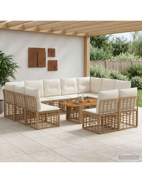 Set Divano da Giardino 12 pz Naturale e Bianco Crema polyrattan