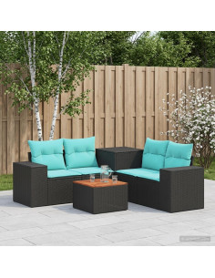 Set di divani 6 pz Nero e Blu Rattan sintetico e Acciaio