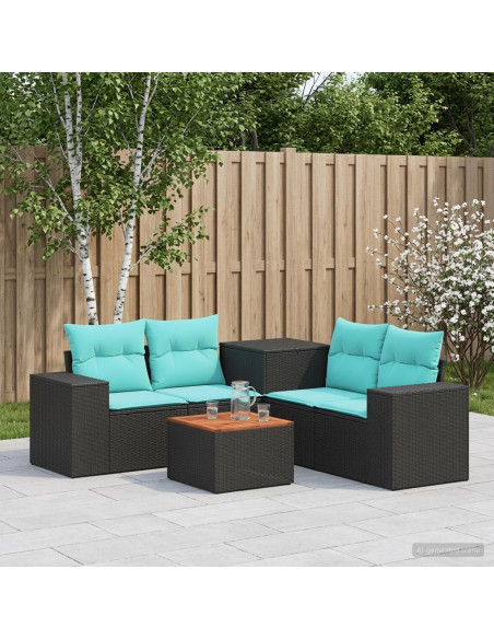 Set di divani 6 pz Nero e Blu Rattan sintetico e Acciaio