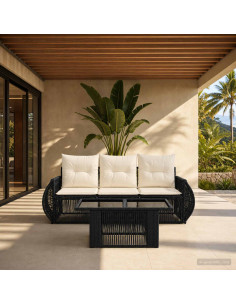 Set Divano da Giardino 4 pz Nero e Bianco Crema polyrattan
