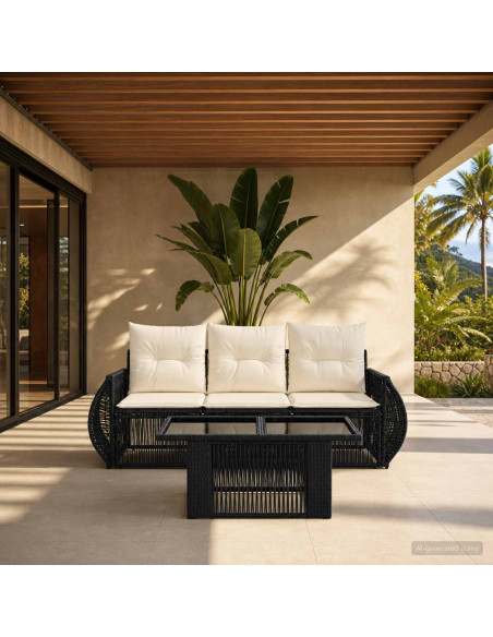 Set Divano da Giardino 4 pz Nero e Bianco Crema polyrattan
