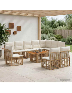 Set Divano da Giardino 11 pz Naturale e Bianco Crema polyrattan