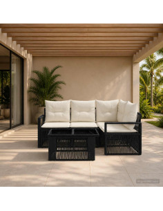 Set Divano da Giardino 5 pz Nero e Bianco Crema polyrattan
