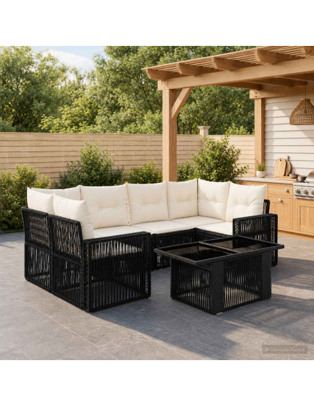 Set Divano da Giardino 7 pz Nero e Bianco Crema polyrattan