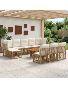 Set Divano da Giardino 11 pz Naturale e Bianco Crema polyrattan
