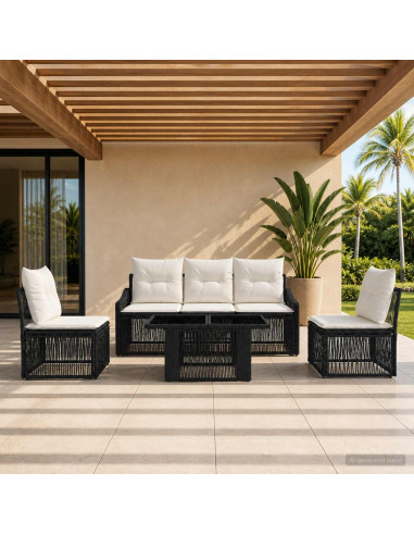 Set Divano da Giardino 6 pz Nero e Bianco Crema polyrattan