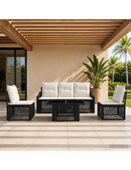 Set Divano da Giardino 6 pz Nero e Bianco Crema polyrattan